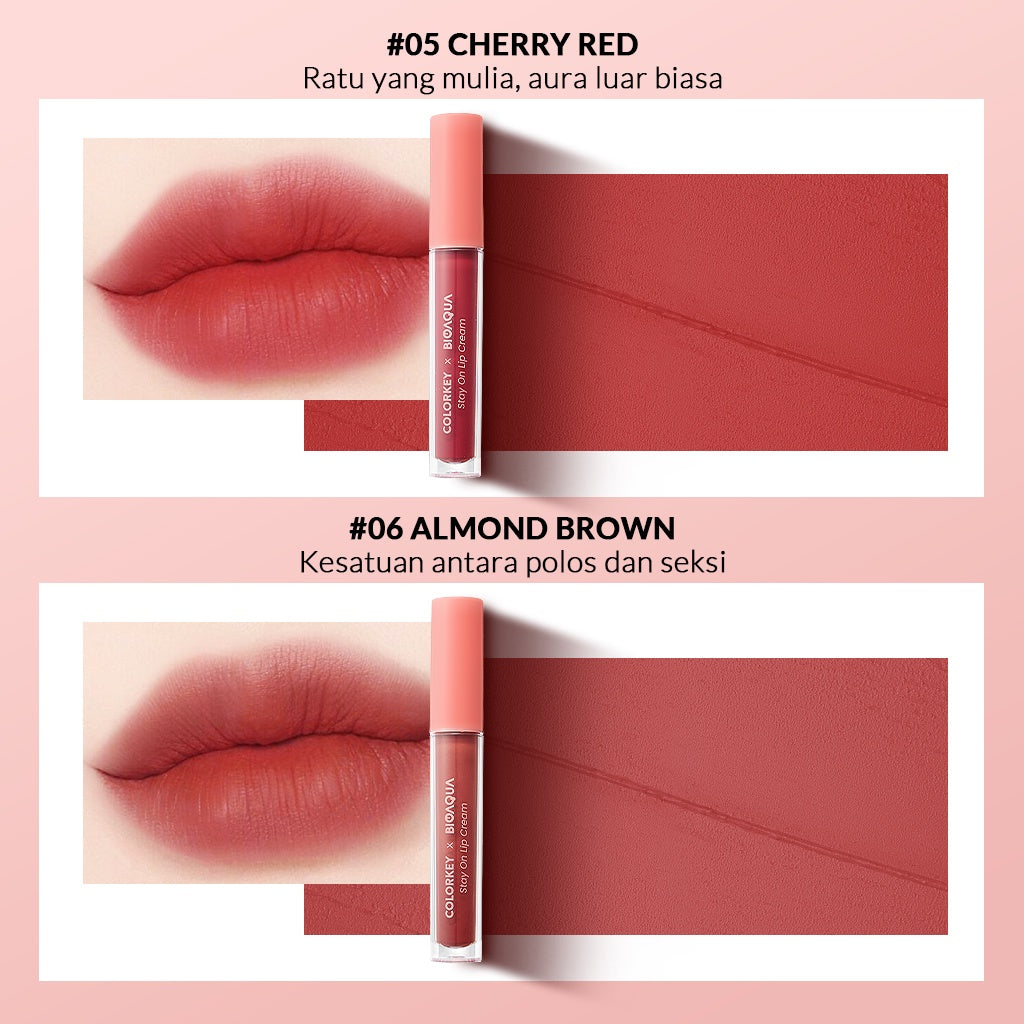 Colorkey X Bioaqua Stay On Lip Cream Matte 6 Colors Lipstick Lipstik Matte Lipstik Tahan Lama dan Anti Air Hingga 24 Jam Lasting MakeUp Melembabkan bibir