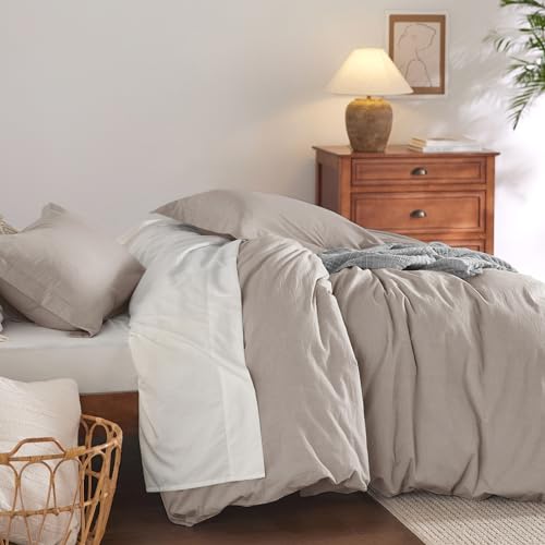 Bedsure 100% Washed Cotton Duvet Cover Queen Size - Natural White Minimalist Duvet Cover for All Seasons - 3 Pieces Plain Simple Cotton Duvet Cover Set with 2 Pillow Shams (White, Queen, 90"x90")