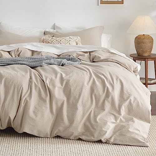 Bedsure 100% Washed Cotton Duvet Cover Queen Size - Natural White Minimalist Duvet Cover for All Seasons - 3 Pieces Plain Simple Cotton Duvet Cover Set with 2 Pillow Shams (White, Queen, 90"x90")