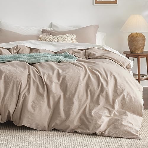 Bedsure 100% Washed Cotton Duvet Cover Queen Size - Natural White Minimalist Duvet Cover for All Seasons - 3 Pieces Plain Simple Cotton Duvet Cover Set with 2 Pillow Shams (White, Queen, 90"x90")