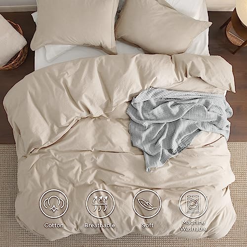 Bedsure 100% Washed Cotton Duvet Cover Queen Size - Natural White Minimalist Duvet Cover for All Seasons - 3 Pieces Plain Simple Cotton Duvet Cover Set with 2 Pillow Shams (White, Queen, 90"x90")