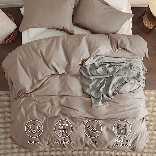 Bedsure 100% Washed Cotton Duvet Cover Queen Size - Natural White Minimalist Duvet Cover for All Seasons - 3 Pieces Plain Simple Cotton Duvet Cover Set with 2 Pillow Shams (White, Queen, 90"x90")