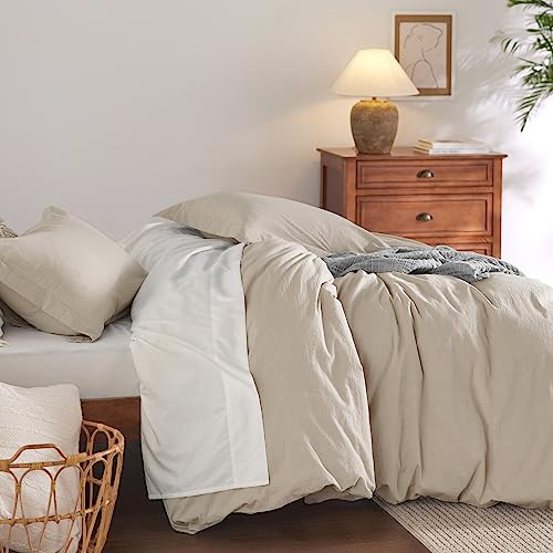 Bedsure 100% Washed Cotton Duvet Cover Queen Size - Natural White Minimalist Duvet Cover for All Seasons - 3 Pieces Plain Simple Cotton Duvet Cover Set with 2 Pillow Shams (White, Queen, 90"x90")