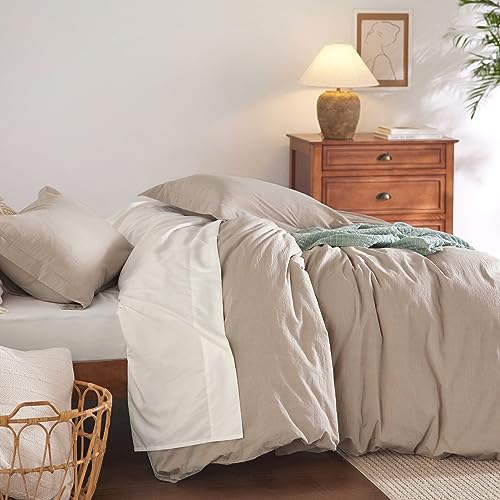 Bedsure 100% Washed Cotton Duvet Cover Queen Size - Natural White Minimalist Duvet Cover for All Seasons - 3 Pieces Plain Simple Cotton Duvet Cover Set with 2 Pillow Shams (White, Queen, 90"x90")