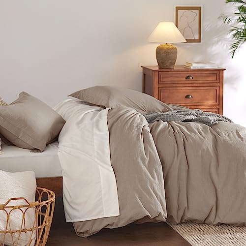 Bedsure 100% Washed Cotton Duvet Cover Queen Size - Natural White Minimalist Duvet Cover for All Seasons - 3 Pieces Plain Simple Cotton Duvet Cover Set with 2 Pillow Shams (White, Queen, 90"x90")