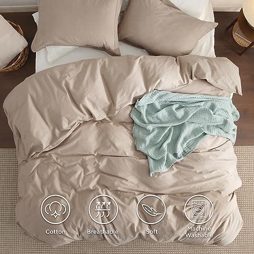 Bedsure 100% Washed Cotton Duvet Cover Queen Size - Natural White Minimalist Duvet Cover for All Seasons - 3 Pieces Plain Simple Cotton Duvet Cover Set with 2 Pillow Shams (White, Queen, 90"x90")