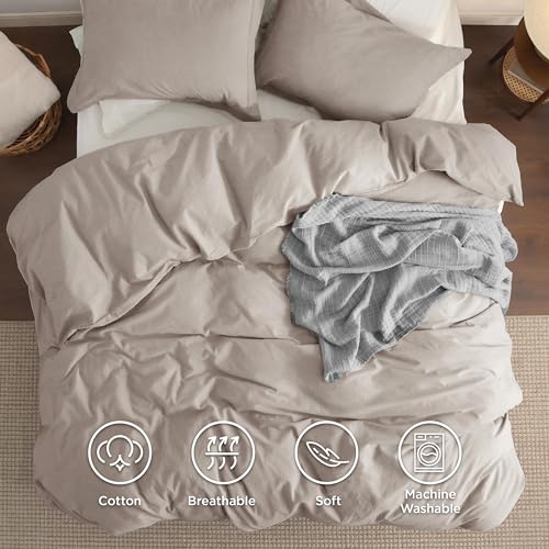 Bedsure 100% Washed Cotton Duvet Cover Queen Size - Natural White Minimalist Duvet Cover for All Seasons - 3 Pieces Plain Simple Cotton Duvet Cover Set with 2 Pillow Shams (White, Queen, 90"x90")