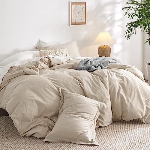 Bedsure 100% Washed Cotton Duvet Cover Queen Size - Natural White Minimalist Duvet Cover for All Seasons - 3 Pieces Plain Simple Cotton Duvet Cover Set with 2 Pillow Shams (White, Queen, 90"x90")