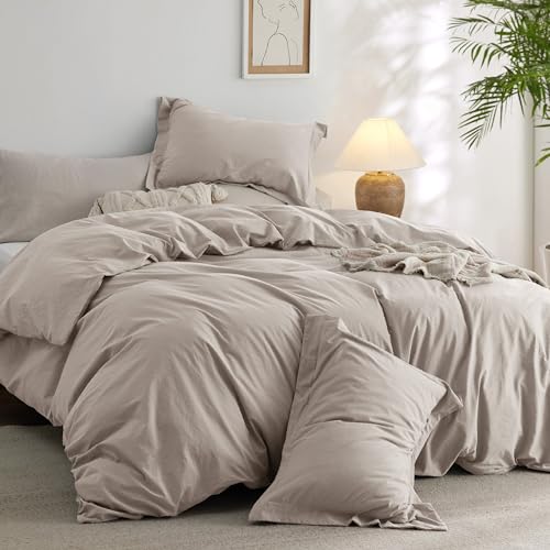 Bedsure 100% Washed Cotton Duvet Cover Queen Size - Natural White Minimalist Duvet Cover for All Seasons - 3 Pieces Plain Simple Cotton Duvet Cover Set with 2 Pillow Shams (White, Queen, 90"x90")