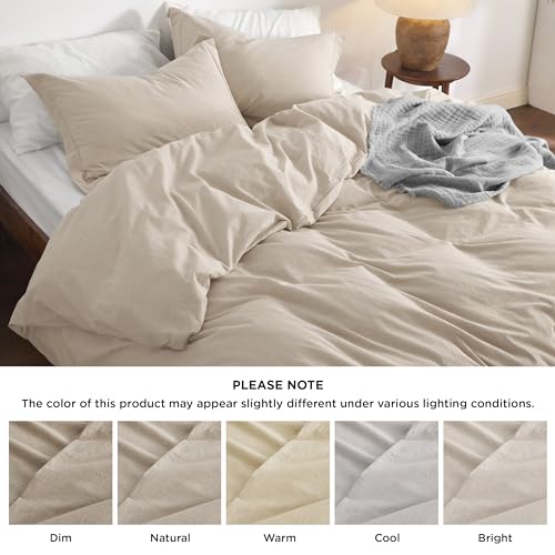 Bedsure 100% Washed Cotton Duvet Cover Queen Size - Natural White Minimalist Duvet Cover for All Seasons - 3 Pieces Plain Simple Cotton Duvet Cover Set with 2 Pillow Shams (White, Queen, 90"x90")