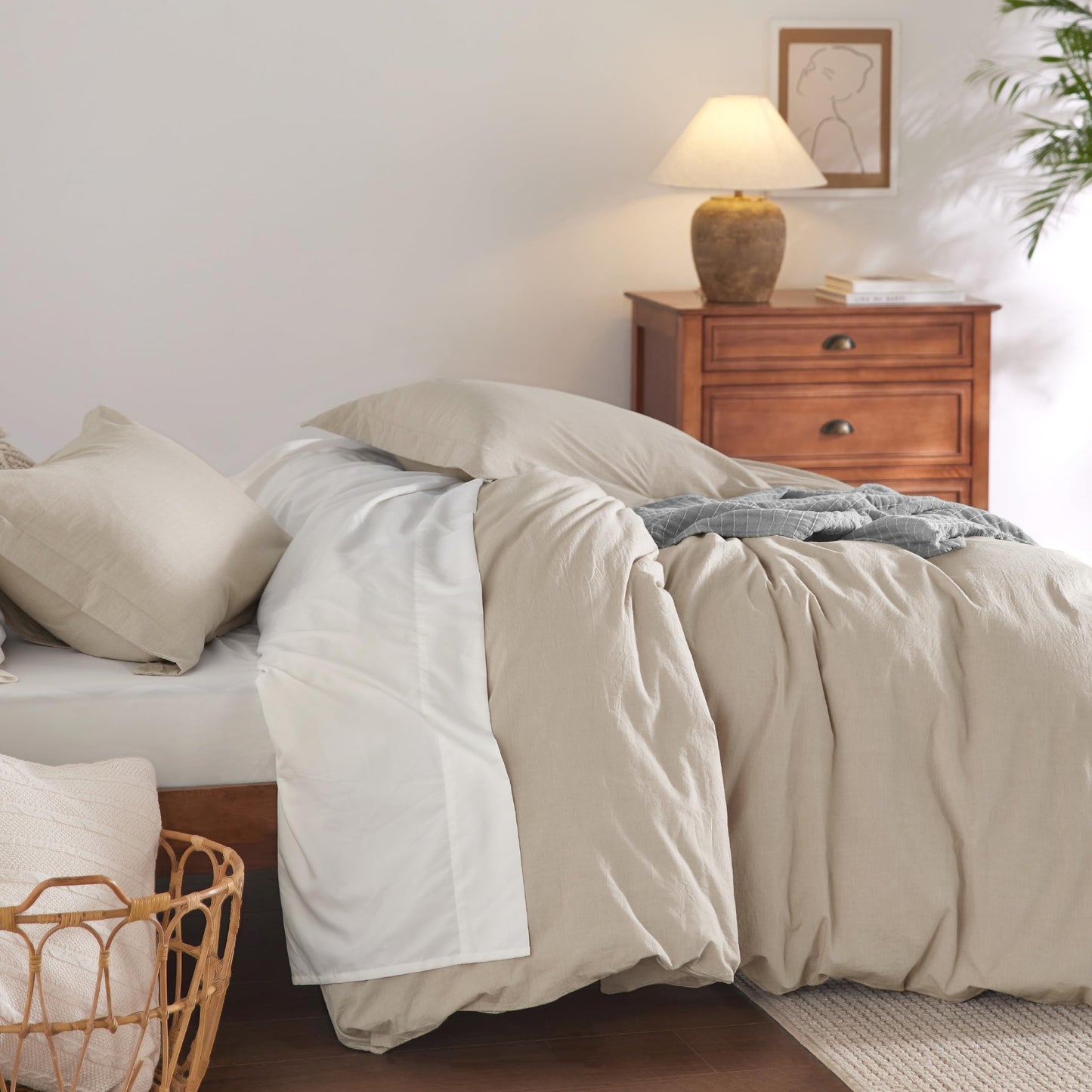 Bedsure 100% Washed Cotton Duvet Cover Queen Size - Natural White Minimalist Duvet Cover for All Seasons - 3 Pieces Plain Simple Cotton Duvet Cover Set with 2 Pillow Shams (White, Queen, 90"x90")