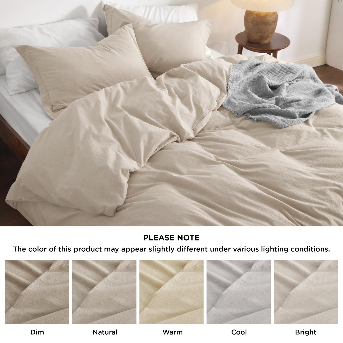 Bedsure 100% Washed Cotton Duvet Cover Queen Size - Natural White Minimalist Duvet Cover for All Seasons - 3 Pieces Plain Simple Cotton Duvet Cover Set with 2 Pillow Shams (White, Queen, 90"x90")