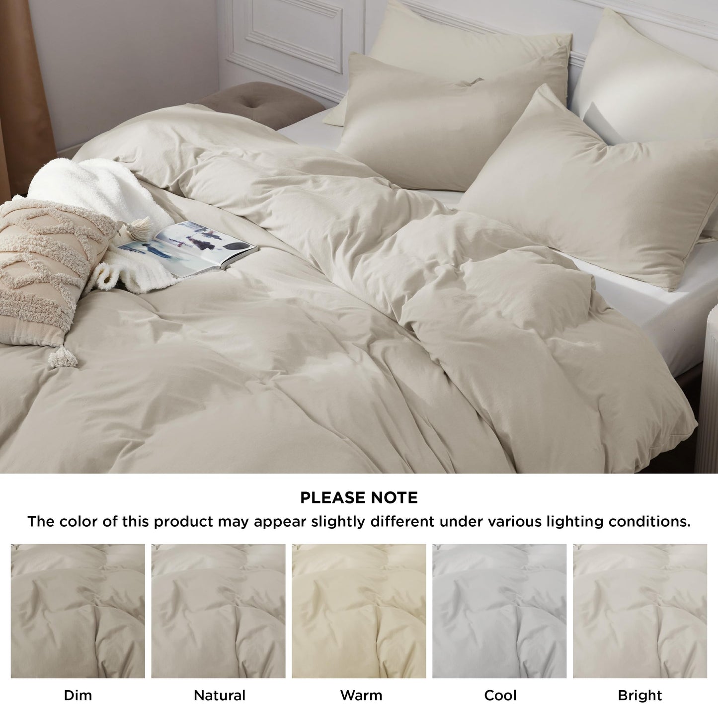 Bedsure 100% Washed Cotton Duvet Cover Queen Size - Natural White Minimalist Duvet Cover for All Seasons - 3 Pieces Plain Simple Cotton Duvet Cover Set with 2 Pillow Shams (White, Queen, 90"x90")