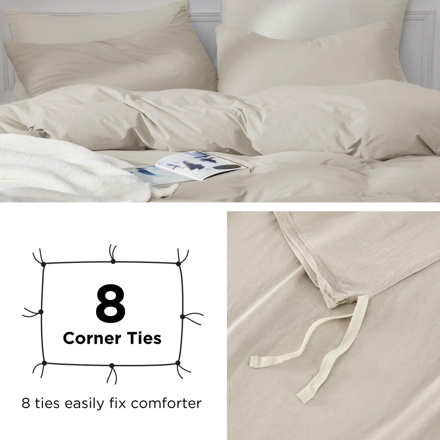 Bedsure 100% Washed Cotton Duvet Cover Queen Size - Natural White Minimalist Duvet Cover for All Seasons - 3 Pieces Plain Simple Cotton Duvet Cover Set with 2 Pillow Shams (White, Queen, 90"x90")