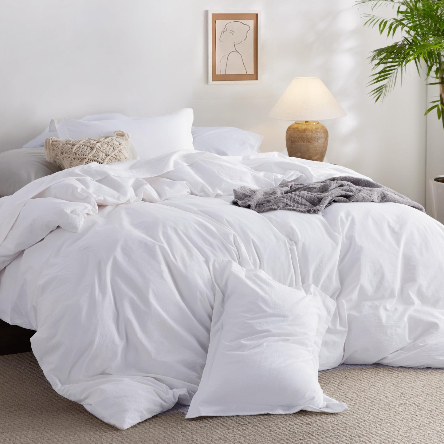 Bedsure 100% Washed Cotton Duvet Cover Queen Size - Natural White Minimalist Duvet Cover for All Seasons - 3 Pieces Plain Simple Cotton Duvet Cover Set with 2 Pillow Shams (White, Queen, 90"x90")