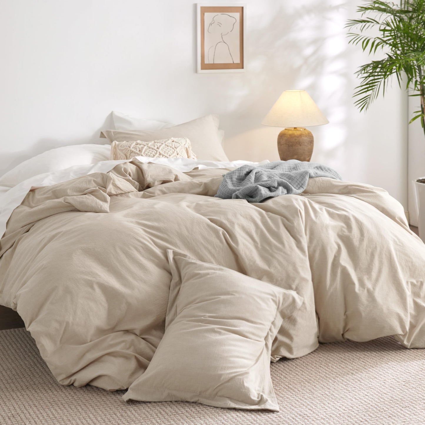 Bedsure 100% Washed Cotton Duvet Cover Queen Size - Natural White Minimalist Duvet Cover for All Seasons - 3 Pieces Plain Simple Cotton Duvet Cover Set with 2 Pillow Shams (White, Queen, 90"x90")