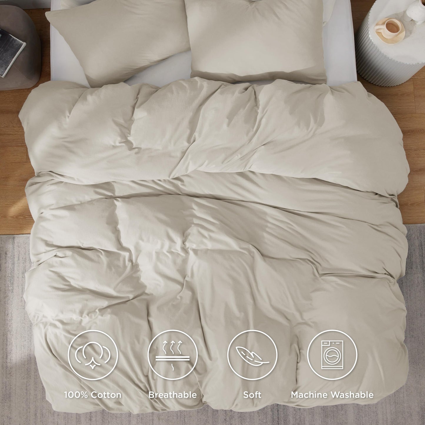 Bedsure 100% Washed Cotton Duvet Cover Queen Size - Natural White Minimalist Duvet Cover for All Seasons - 3 Pieces Plain Simple Cotton Duvet Cover Set with 2 Pillow Shams (White, Queen, 90"x90")