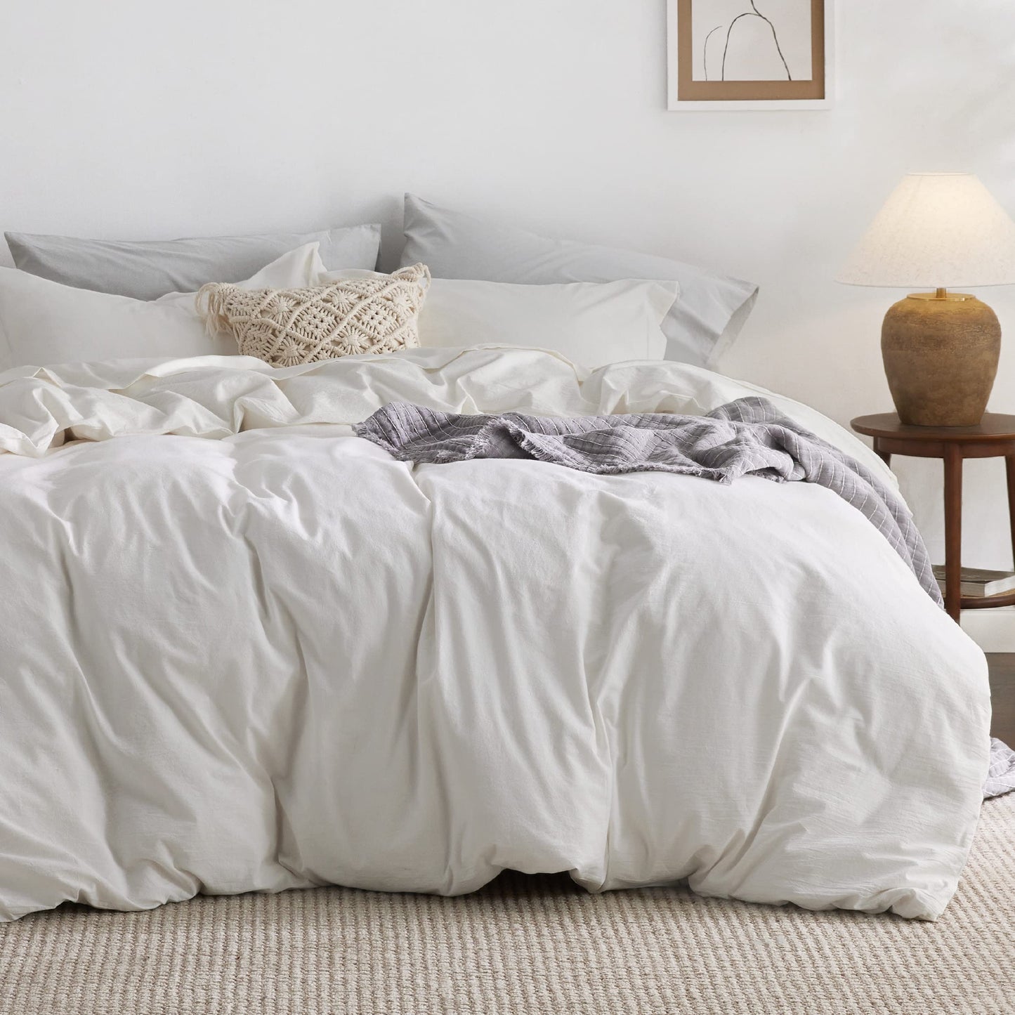 Bedsure 100% Washed Cotton Duvet Cover Queen Size - Natural White Minimalist Duvet Cover for All Seasons - 3 Pieces Plain Simple Cotton Duvet Cover Set with 2 Pillow Shams (White, Queen, 90"x90")