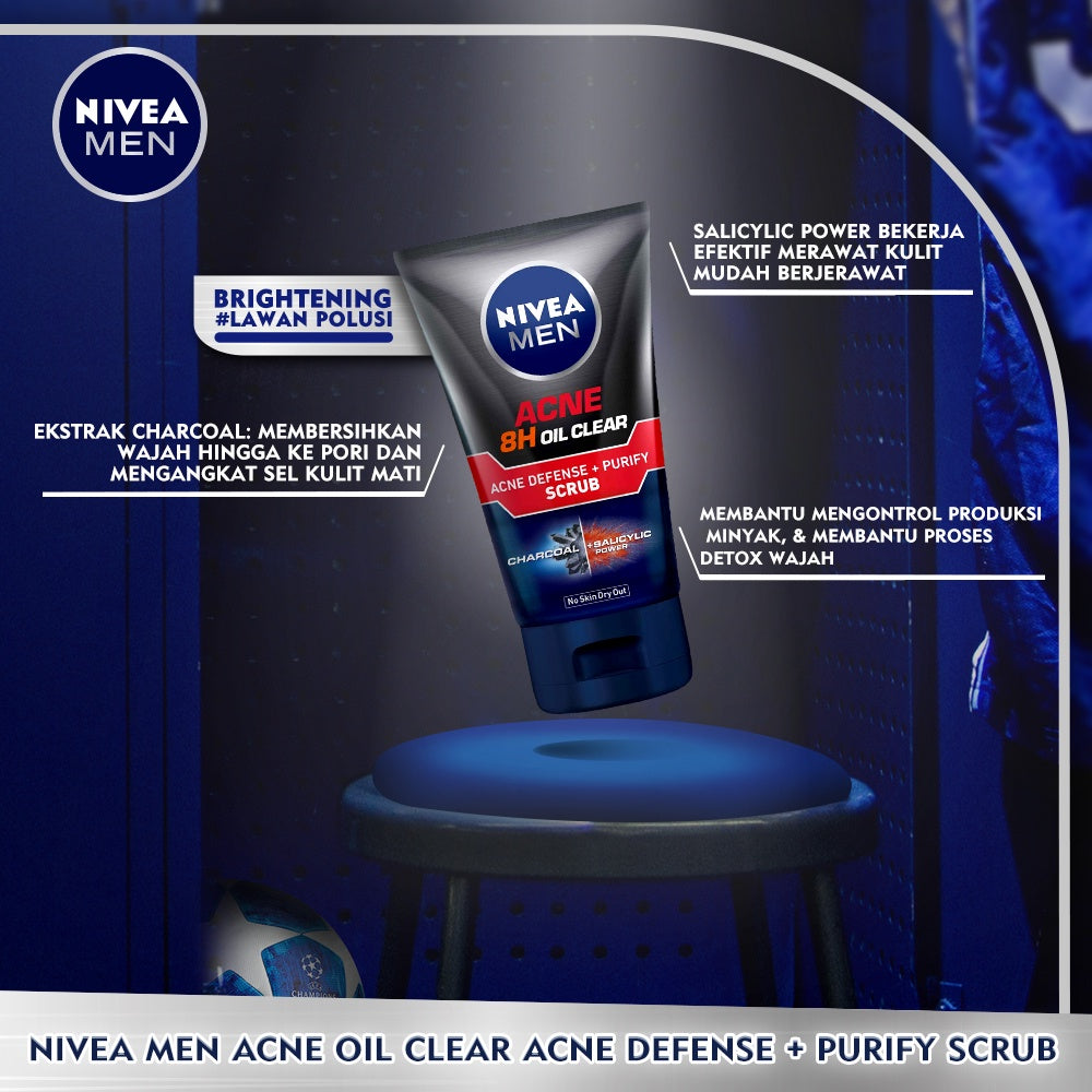 NIVEA MEN Acne 8H Oil Clear Acne Defense + Purify Scrub 100mL - Glow Mates Exclusive