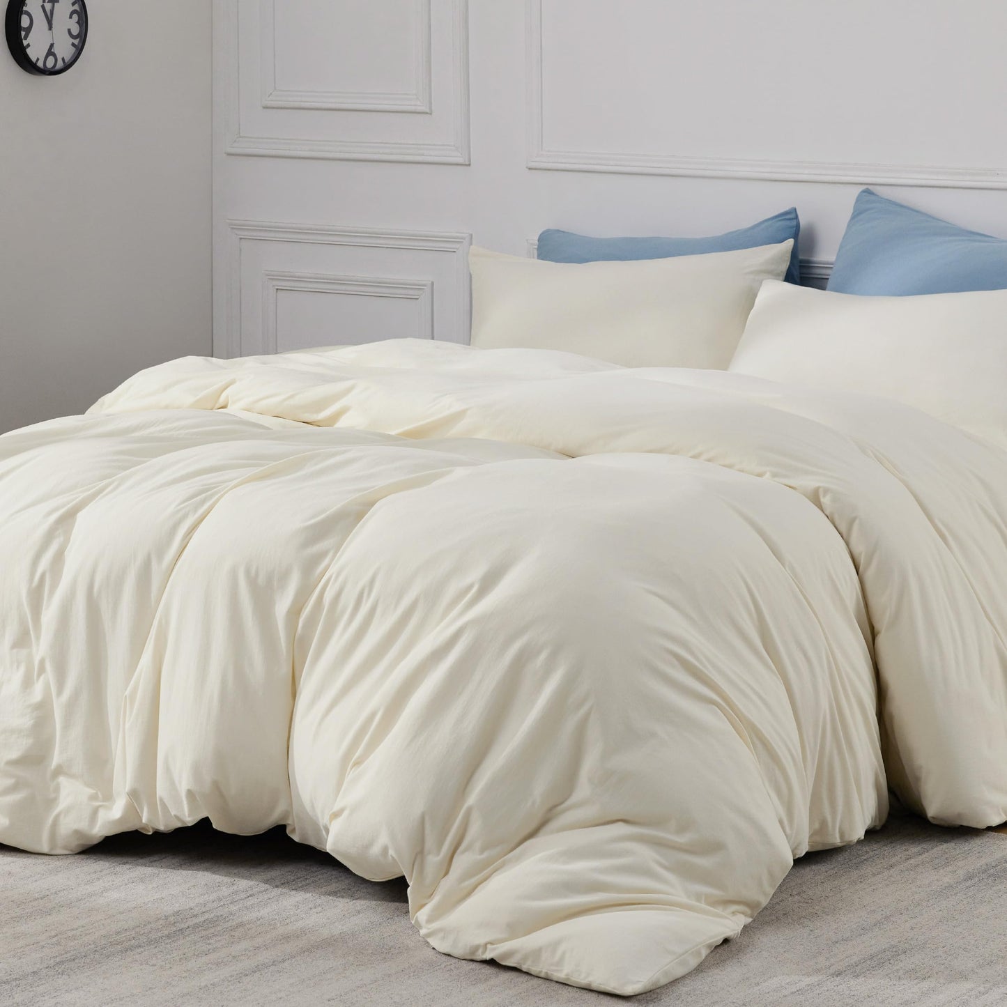 Bedsure 100% Washed Cotton Duvet Cover Queen Size - Natural White Minimalist Duvet Cover for All Seasons - 3 Pieces Plain Simple Cotton Duvet Cover Set with 2 Pillow Shams (White, Queen, 90"x90")