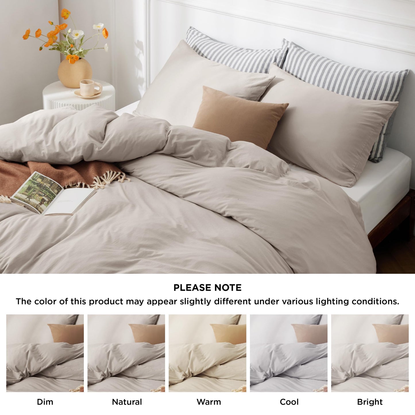 Bedsure 100% Washed Cotton Duvet Cover Queen Size - Natural White Minimalist Duvet Cover for All Seasons - 3 Pieces Plain Simple Cotton Duvet Cover Set with 2 Pillow Shams (White, Queen, 90"x90")