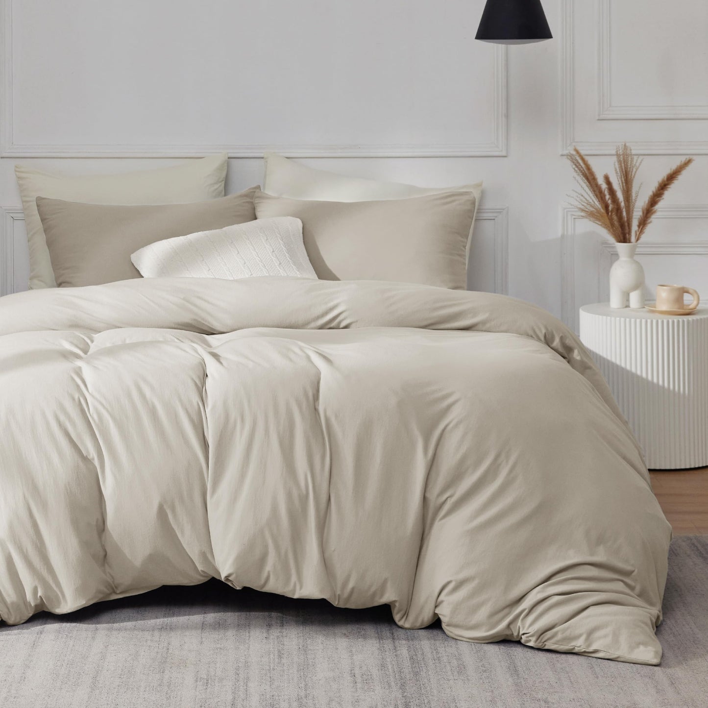 Bedsure 100% Washed Cotton Duvet Cover Queen Size - Natural White Minimalist Duvet Cover for All Seasons - 3 Pieces Plain Simple Cotton Duvet Cover Set with 2 Pillow Shams (White, Queen, 90"x90")