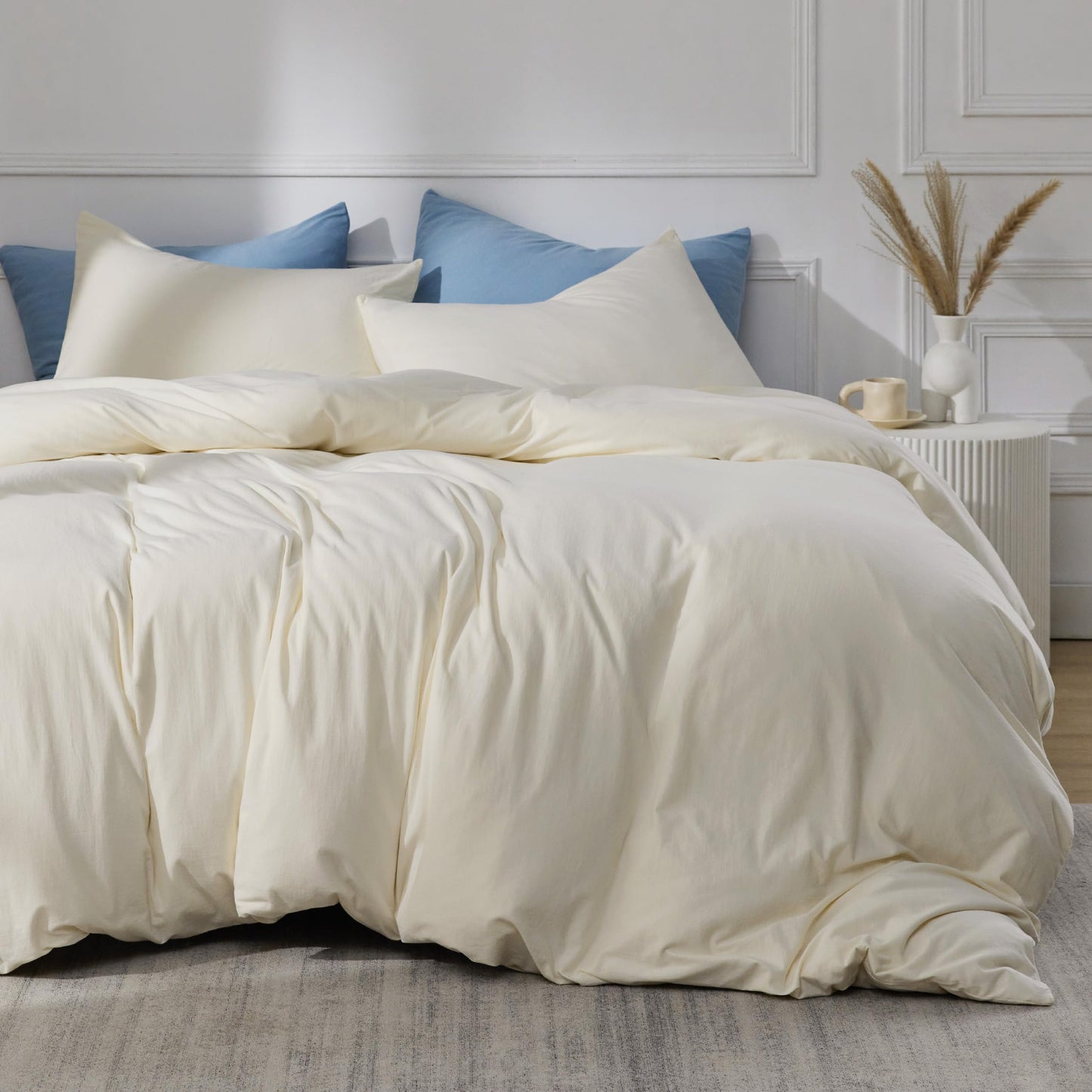 Bedsure 100% Washed Cotton Duvet Cover Queen Size - Natural White Minimalist Duvet Cover for All Seasons - 3 Pieces Plain Simple Cotton Duvet Cover Set with 2 Pillow Shams (White, Queen, 90"x90")