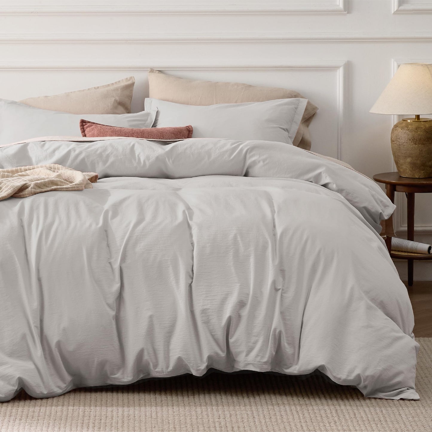 Bedsure 100% Washed Cotton Duvet Cover Queen Size - Natural White Minimalist Duvet Cover for All Seasons - 3 Pieces Plain Simple Cotton Duvet Cover Set with 2 Pillow Shams (White, Queen, 90"x90")