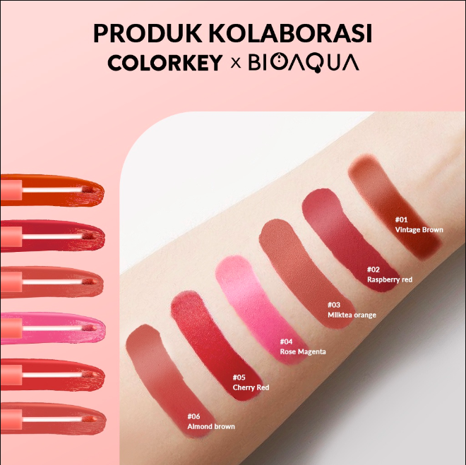 Colorkey X Bioaqua Stay On Lip Cream Matte 6 Colors Lipstick Lipstik Matte Lipstik Tahan Lama dan Anti Air Hingga 24 Jam Lasting MakeUp Melembabkan bibir