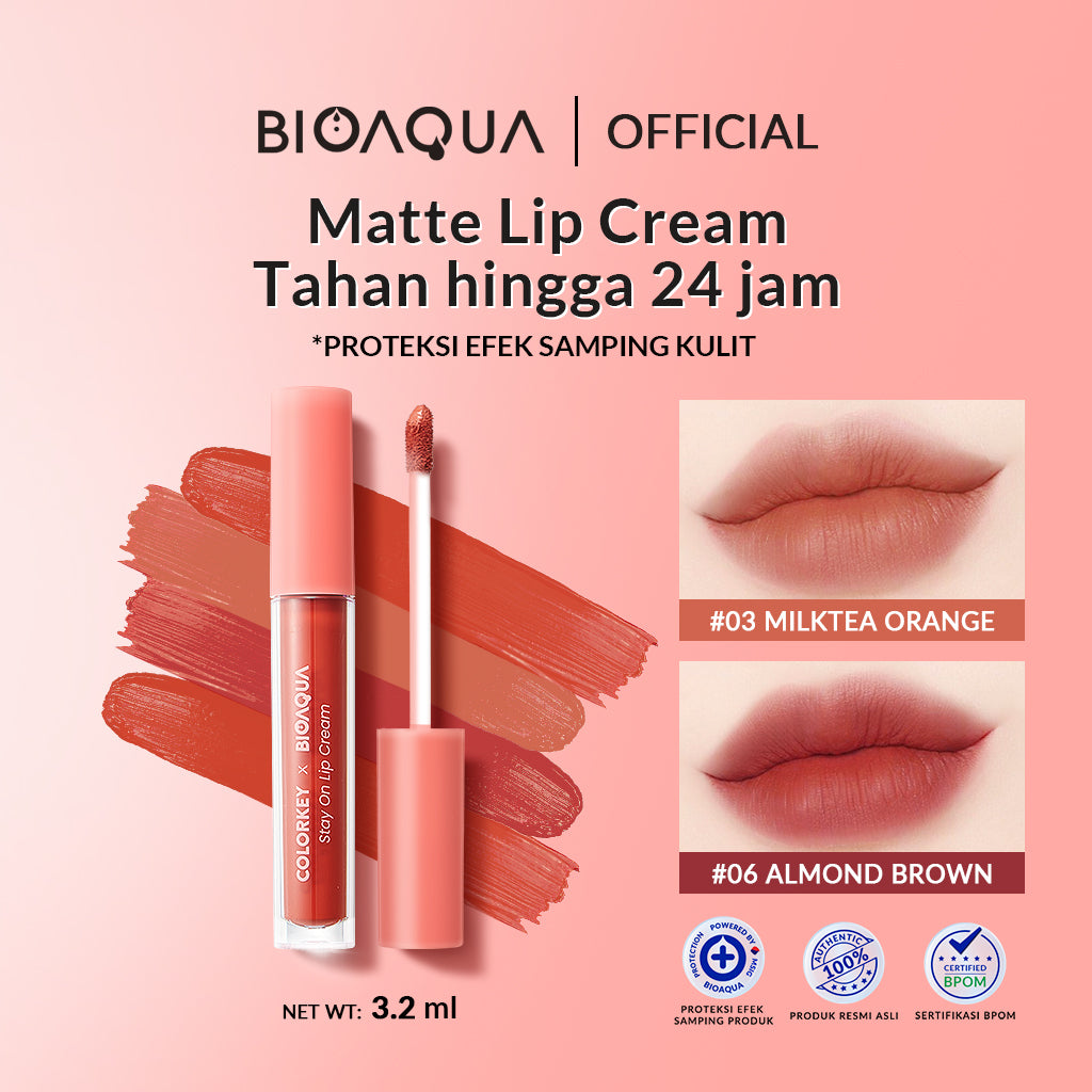 Colorkey X Bioaqua Stay On Lip Cream Matte 6 Colors Lipstick Lipstik Matte Lipstik Tahan Lama dan Anti Air Hingga 24 Jam Lasting MakeUp Melembabkan bibir